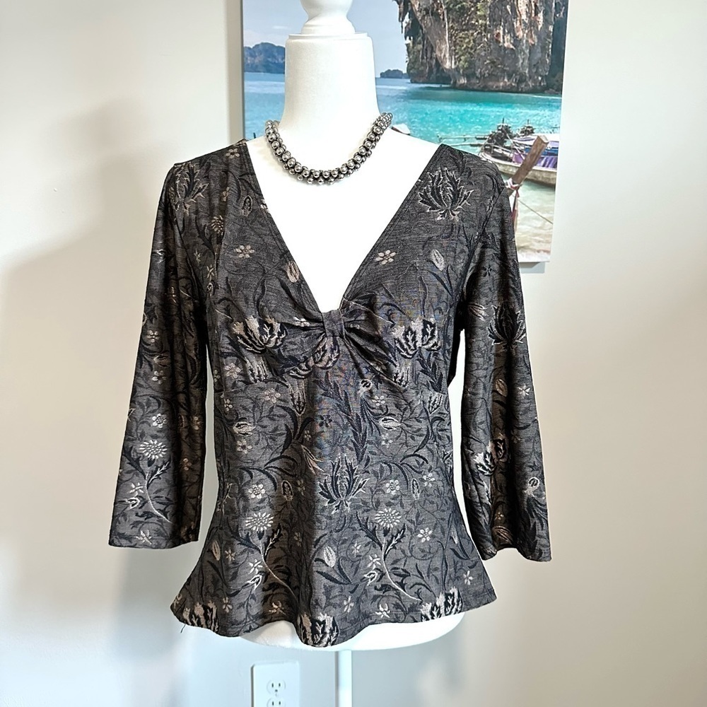 Hanky PANKY Woven Stretch Top Charcoal Silver Black 3/4 Sleeve BUY NOW PRICE - Picture 4 of 8